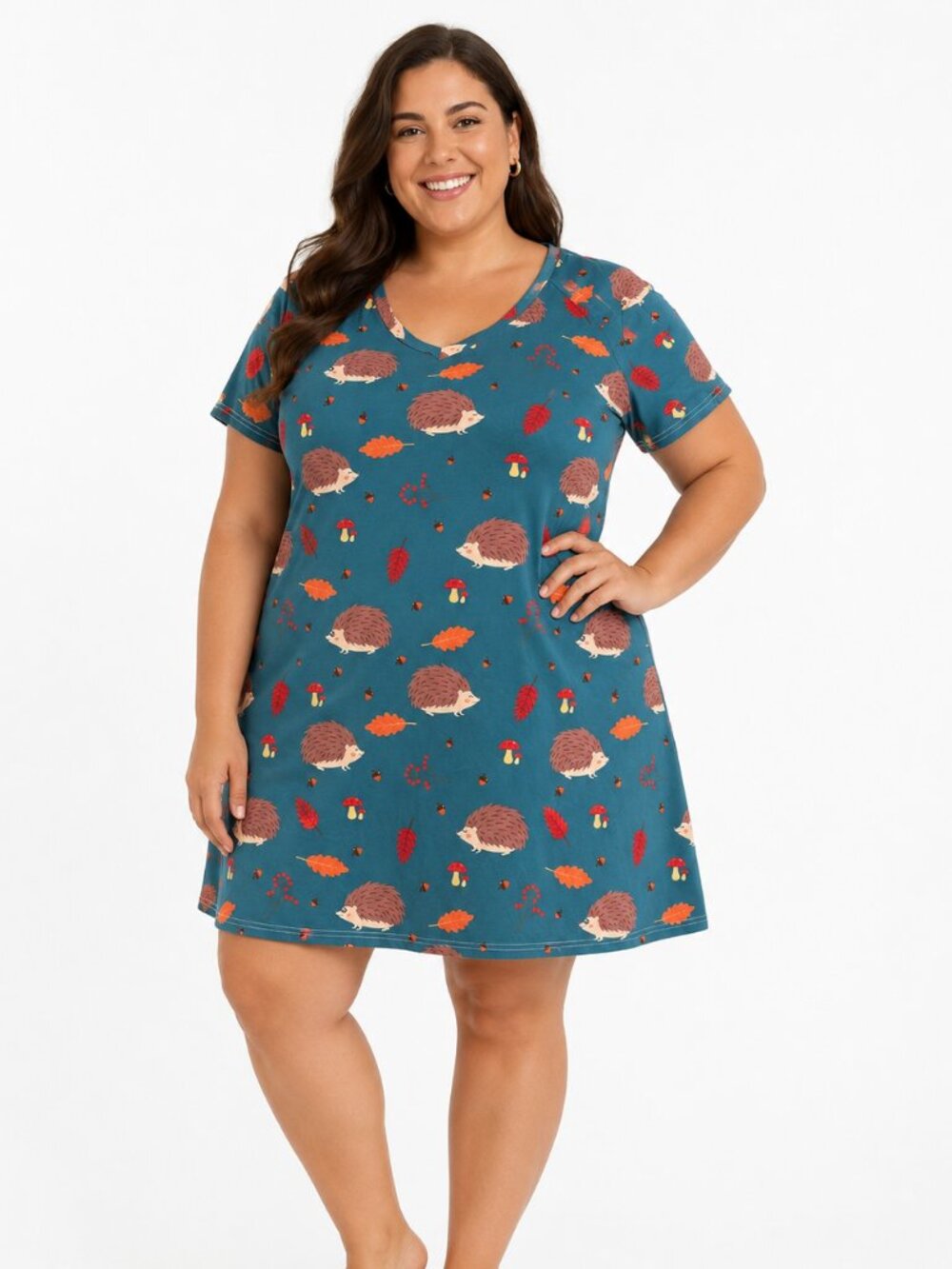 Teal Hedgehog & Mushroom A-Line V-Neck Dress or Swimsuit coverup XL